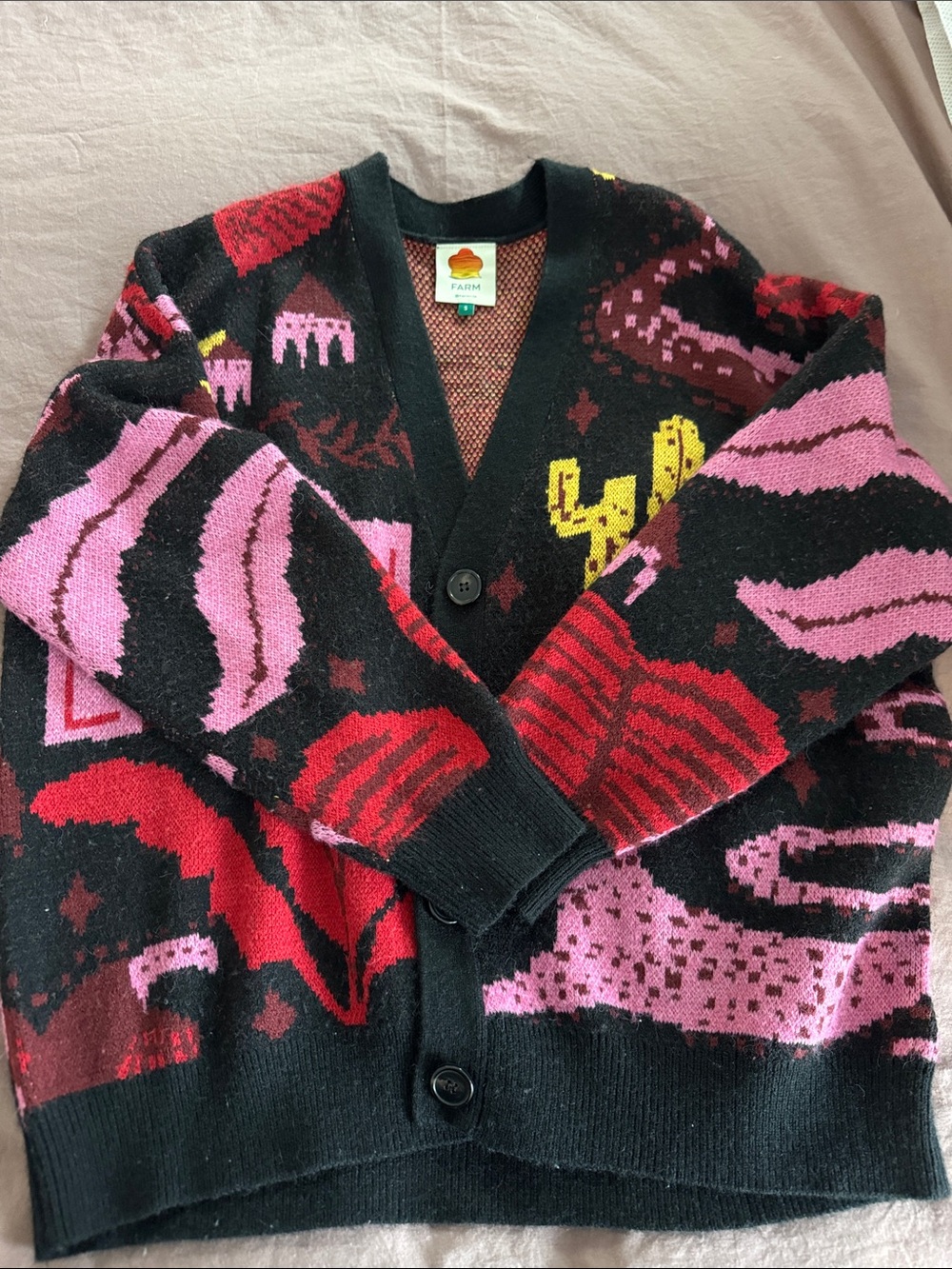 FARM Rio Black Cardigan with Pink, Red & Yellow Pattern